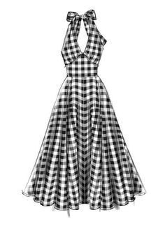 a black and white gingham dress with a bow at the neck, on a mannequin