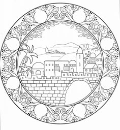 a black and white drawing of a cityscape in a round frame with fruit