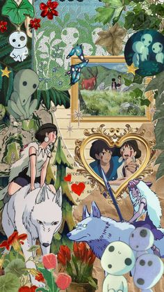 a collage of anime characters surrounded by flowers and plants