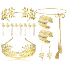 PRICES MAY VARY. ✨FUN ADDITION TO A TOGA✨ You will receive 1 piece of leaf headband, 1 gold laureth crown, 1 tassel dress belts, 2 gold coil bracelet, 8 piece of hair clips, 1 pair of pearl earring in total, a good combination for your accessories. 🎈DURABLE MATERIAL🎈 The goddess costume jewelry set is is mainly made of alloy material, durable and bright enough, not easy to be broken, shining your beauty and making you catch the eyes in the crowd easily. Please check the picture for the detaile Aphrodite Cosplay, Goddess Costume Accessories, Fnl Themes, Goddess Accessories, Leaves Crown, Greek Accessories, Upper Arm Cuff Bracelet, Hair Headpiece, Medusa Costume