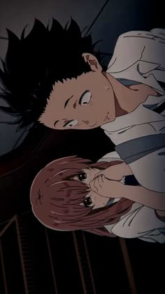 two anime characters are looking at each other in the same direction with their eyes closed