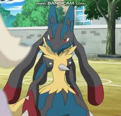 an animated pokemon character with red eyes and black ears, standing in front of a basketball court