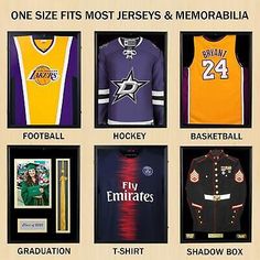 an image of jerseys and memorabilia displayed in a shadow box with the words, one size fits most jerseys & memorabilia