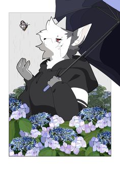 a drawing of a cat holding an umbrella in front of blue flowers and a butterfly