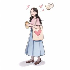 a girl holding a bag with a heart on it and a dove flying above her