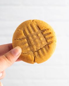 a hand holding up a peanut butter cookie