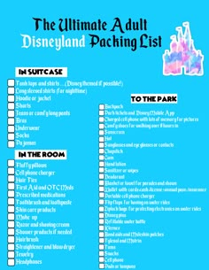 the ultimate disney land packing list is shown in this blue and white printable poster