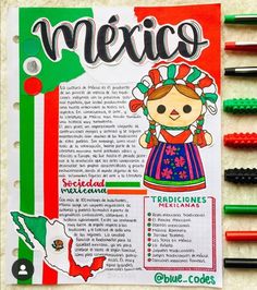 a book with markers and pens on top of it next to an open notebook that has the words mexico written in spanish