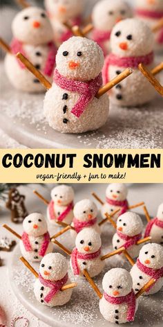 coconut snowmen are made with marshmallows and cinnamon sticks