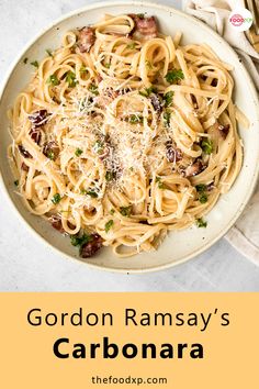 gordon ramsay's carbonara pasta with mushrooms and parmesan cheese on top