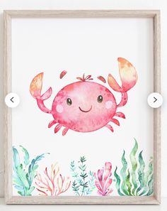 a watercolor painting of a pink crab