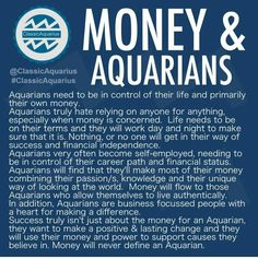 a blue poster with the words money and aquarians in white lettering on it