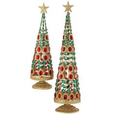 two christmas trees with red, green and gold decorations on top of each other in front of a white background