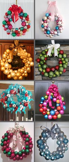 different christmas wreaths hanging on the front door with bows and ornaments attached to them