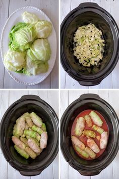 four pictures show different types of vegetables in the same bowl, including lettuce and tomatoes