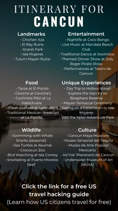 a poster with the words itinerary for cancun and other things to see