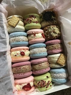 a box filled with lots of different colored macaroons