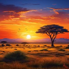 the sun is setting over an african landscape with trees and bushes in the foreground