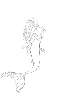 a black and white drawing of a mermaid with her tail curled up in the air