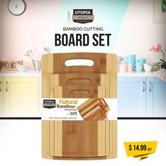 #Wholesale bamboo cutting board set at a competitive #price of $14.99/set. The 3 piece set is perfect for #commercials #kitchens #Resturants #Cafes #Homes.  Buy in #Bulk for U.S residents only. Bread Cheese, Natural Kitchen, Kitchen Sets, Fruits Vegetables, 3 Piece