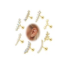 six pairs of ear piercings with different shapes and sizes, including one for the nose