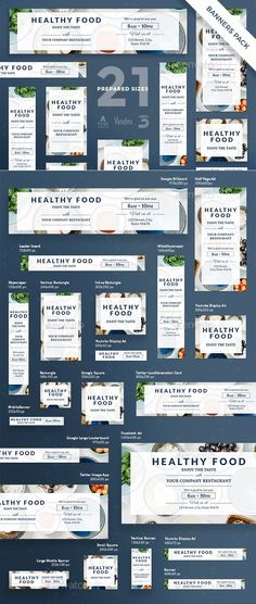 a bunch of banners that are on top of each other, with the words healthy food written