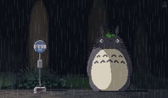 an animated image of a totoro standing in the rain at night with a street sign next to it