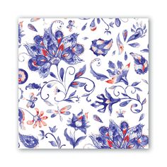 a blue and red floral pattern on a white wallpaper with an orange flower in the center