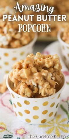 a bowl filled with peanut butter popcorn on top of a polka dot table cloth next to other