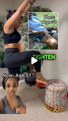 the woman is doing an aerial yoga pose in her living room, and then there's age 31