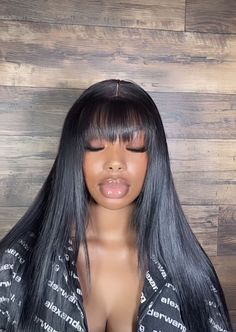 Black Lace Front With Bangs, Bangs With A Side Part Wig, Bad Lace Front Wig, Jet Black Wig With Bangs, Jet Black With Bangs, Black Human Hair Wigs, Long Weave With Bangs Black Women, Bangs On Wig Hairstyle, Sew In W Bangs