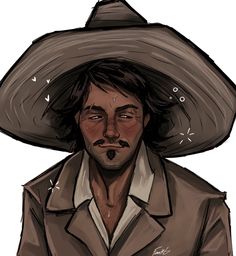 a drawing of a man with a big hat on his head