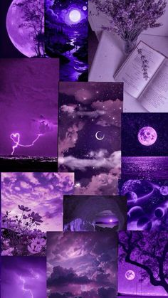 purple and black collage with the moon, clouds, trees, and stars