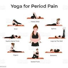 a woman doing yoga for period pain on her stomach and back, with the instructions below