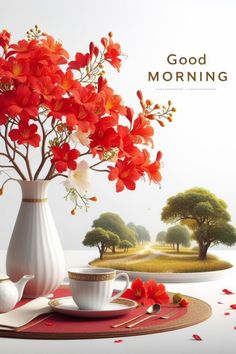 a vase filled with red flowers sitting on top of a table next to a cup and saucer