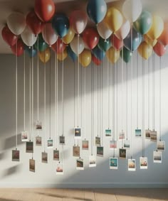 a room with balloons hanging from the ceiling and photos attached to strings on the wall