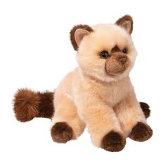 a small stuffed animal sitting on top of a white surface and looking at the camera