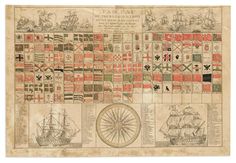 an old map with ships and flags on it