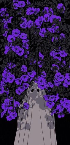 a painting of purple flowers in front of a black background with an image of a mountain