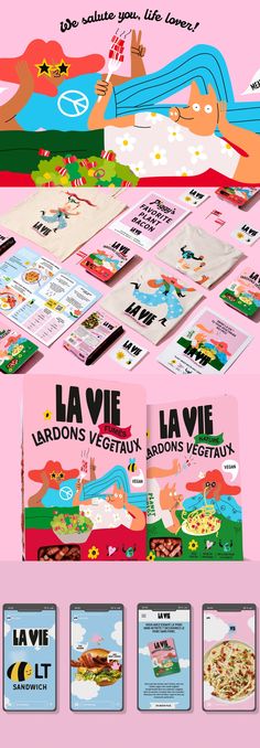 an advertisement for la vie is displayed on a pink background with different images and text