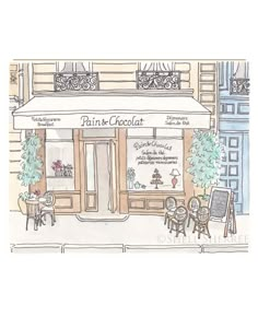 a drawing of a store front with chairs and tables outside