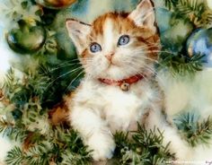 an orange and white kitten sitting on top of a christmas tree with ornaments around it