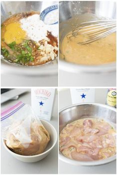 four pictures showing the steps to make an egg and meat dish in one bowl, then being mixed with other ingredients