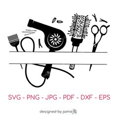 some scissors and hairdryers on a shelf with the words svg - png jp