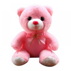 a pink teddy bear with a bow on it's head and eyes, sitting in front of a white background