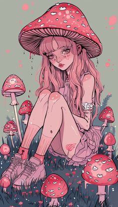 a woman sitting on the ground in front of mushrooms with her legs crossed and wearing pink shoes