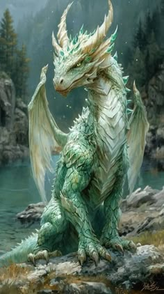 a green and white dragon sitting on top of a rock next to a body of water