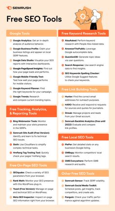 an orange and white flyer with the words free seo tools on it's side