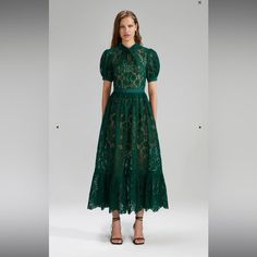 Brand New Self Portrait Green Guipure Lace Midi Dress Green Feminine Formal Dress, Elegant Green Lace Dress For Formal Occasions, Feminine Green Evening Midi Dress, Green Lace Midi Dress For Garden Party, Luxury Lace Midi Dress, Elegant Midi Evening Dress For Garden Party, Elegant Short Sleeve Lace Dress For Garden Party, Elegant Green Lace Dress, Green Midi Length Lace Dress For Evening