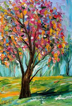 a painting of a tree in the middle of a field with colorful leaves on it